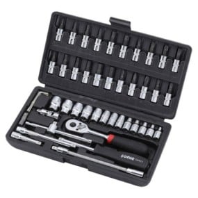 Galvučių ir antgalių rinkinys su terkšle 1/4" 6 pt., 46 vnt., 104601, SONIC