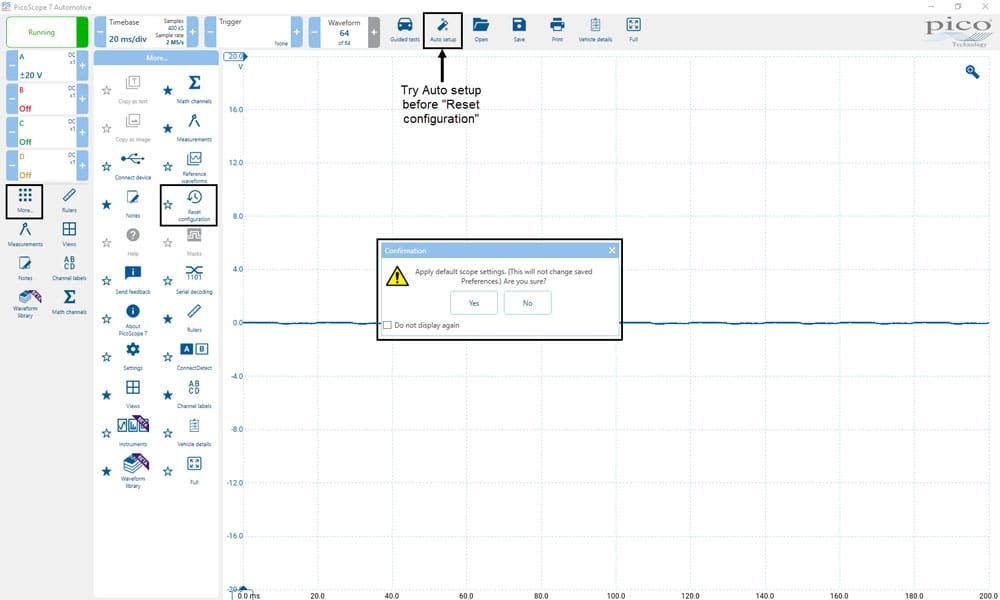 „PicoScope 7 Automotive“ ekrano vaizdas su konfigūracijos atstatymo (Reset Configuration) funkcija.
