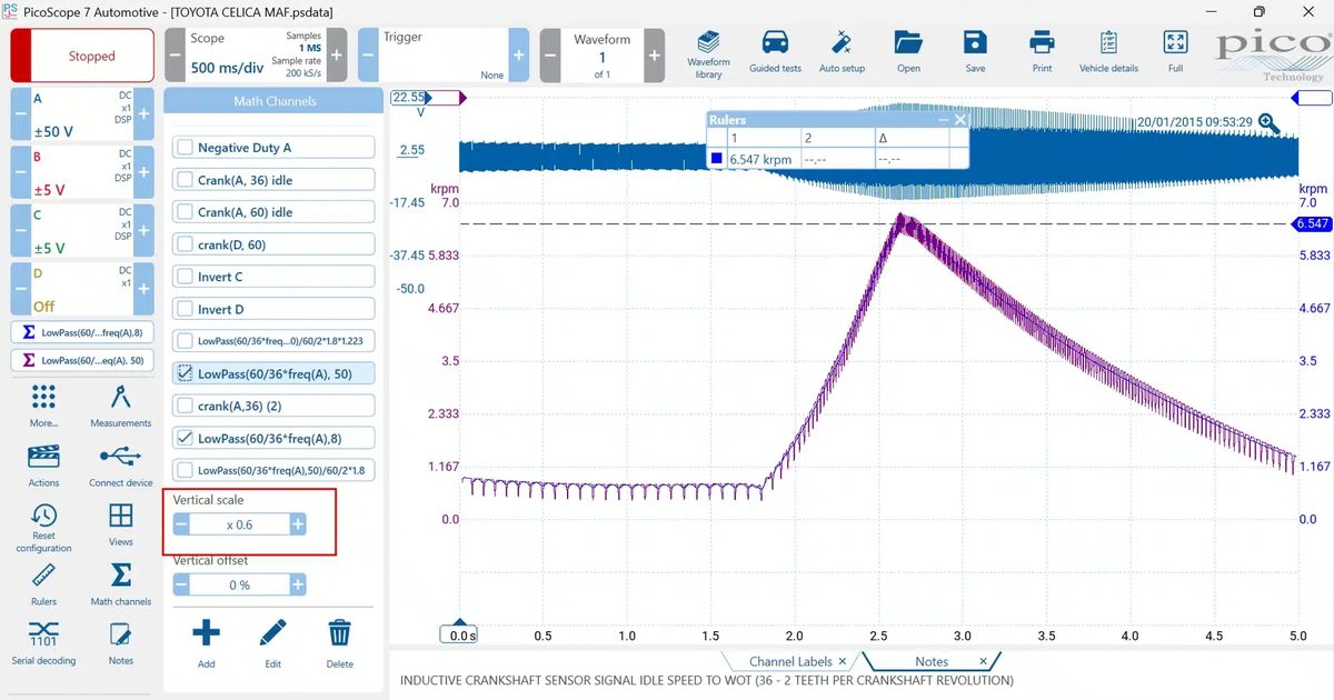Sustiprintas RPM filtras PicoScope 7 programoje