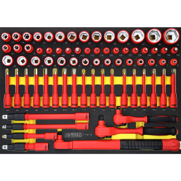 Insulated socket wrench set 3/8 inch + 1/2 inch with torque wrench, 72 pcs (117.6172, KS TOOLS)
