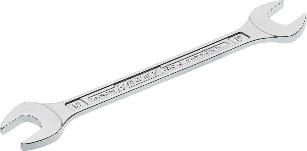 Dvipusis plokščias (atviras) veržliaraktis, išorinis šešiabriaunis profilis, 18 × 19 mm (450N-18X19, HAZET)
