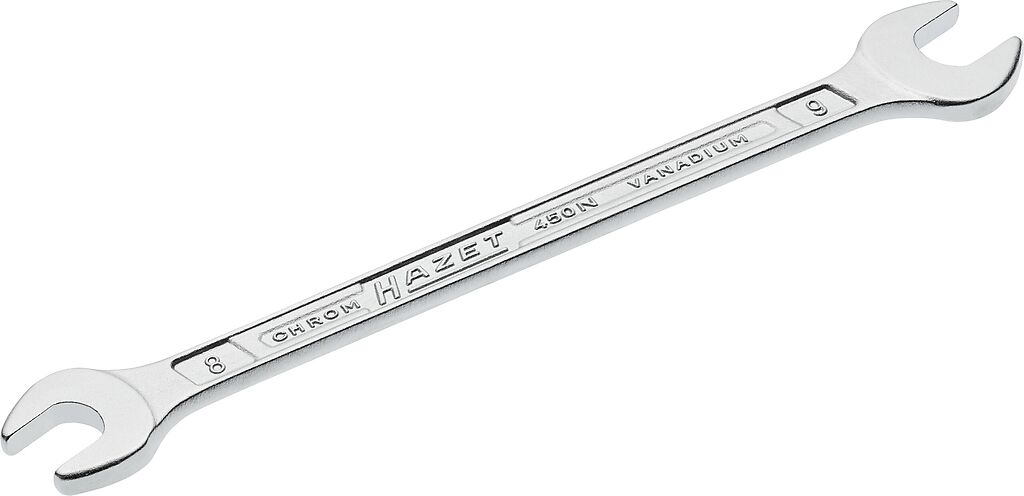 Dvipusis plokščias (atviras) veržliaraktis, išorinis šešiabriaunis profilis, 8 × 9 mm (450N-8X9, HAZET)