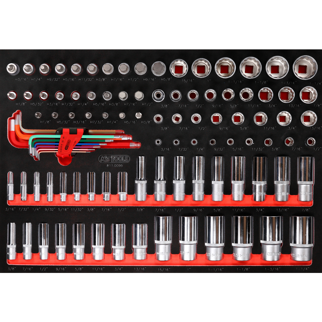 1/4" + 3/8" + 1/2" muciņu komplekts putuplasta ieliktnī, 99 gab., collu (811.0099, KS TOOLS)