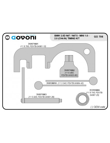 Timing tool set suitable for bmw, mini - 1.6, 2.0 diesel engines (GO706, GOVONI)