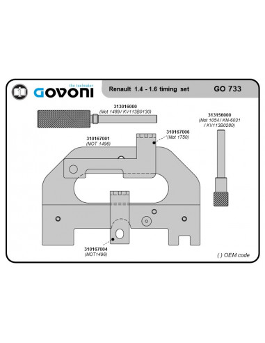 Timing tool set suitable for renault, nissan, opel, dacia - 1.4, 1.6, 1.8, 2.0 petrol engines (GO733, GOVONI)