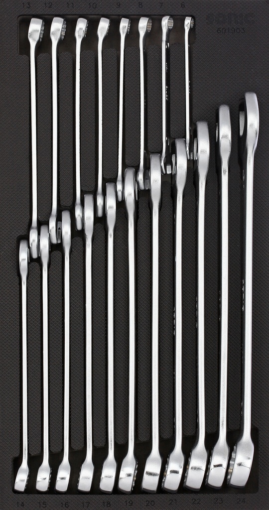 Įrankių komplektas į vežimėlius – kombinuoti raktai 6–24 mm (19 vnt.) (601903, SONIC)