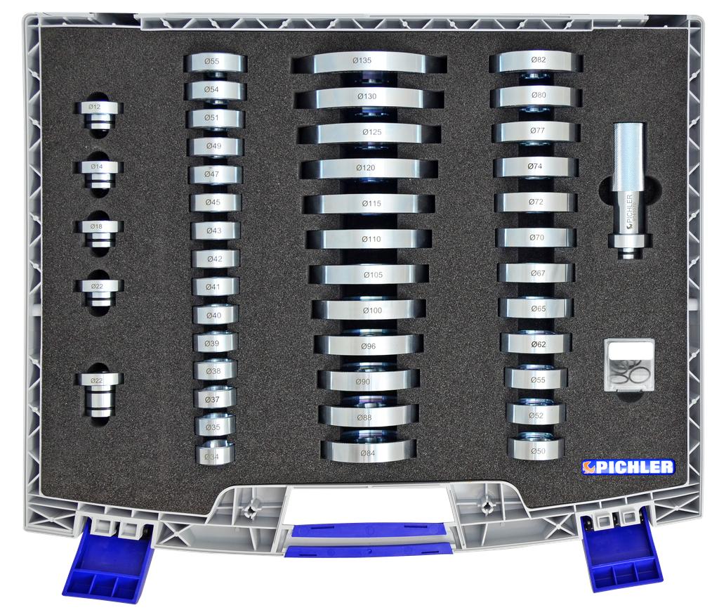 Universal press piece set 45 pcs. Ø50-135 mm incl. guide Ø34 mm-Ø55 mm (61461410, PICHLER)