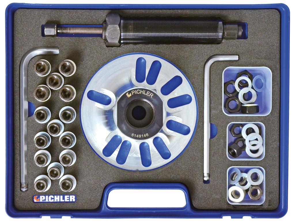 Universal wheel hub remover with hydraulic spindle, adapters, (61479005, PICHLER)