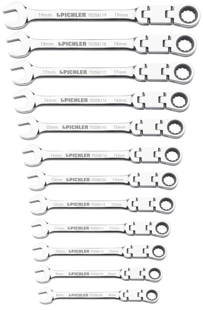 Double-Joint Ratcheting Combination Wrench Set, 12 pcs, 8–19 mm (70358100, PICHLER)