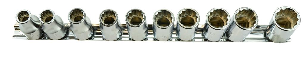 Socket Set, ½" Short, 12-point 10-19 10 pieces on a Mounting Rail (7336400, PICHLER)