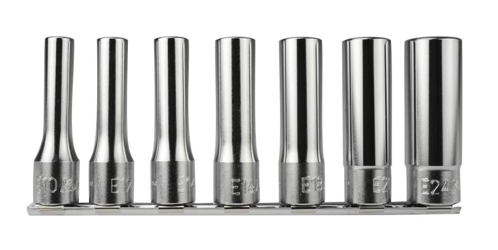 E profile bit sockets set 6 pcs E10 - E24, 1/2" drive x 77 mm long (7884300, PICHLER)