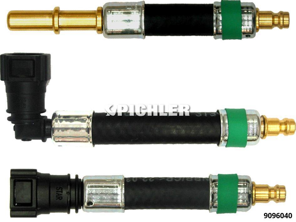 Degvielas līnijas adapteru komplekts, 3 daļas – taisns savienojums, 90° savienojums un spraudnis, Ø9,89 mm, zaļš (9096040, PICHLER)
