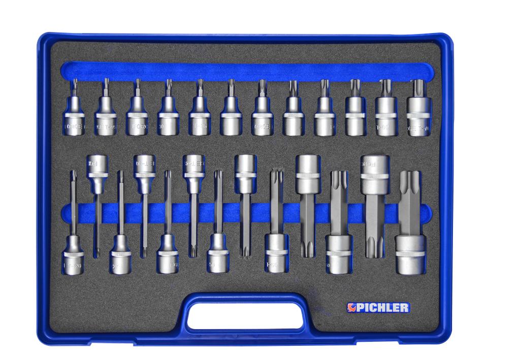 Torx Bit Socket Set ½" 26 pieces T20 to T100, length 55mm, 100mm & 140mm (98844263, PICHLER)