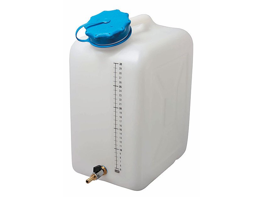 Plastic container (30 L) with contents scale for coolant, wide neck opening and ball valve (011400_1, LEITENBERGER)