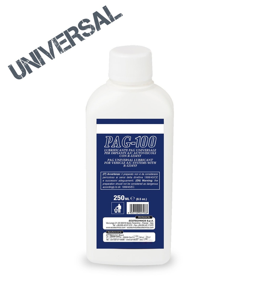 Oil bottle PAG100 - 250ml for R134a, HFO1234yf mechanical and electric compressor (DECKAEK275, ECOTECHNICS)