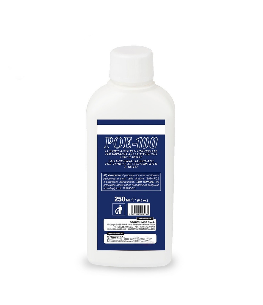 Oil bottle POE100 - 250ml for R134a and electric compressors (DECKAEK283, ECOTECHNICS)