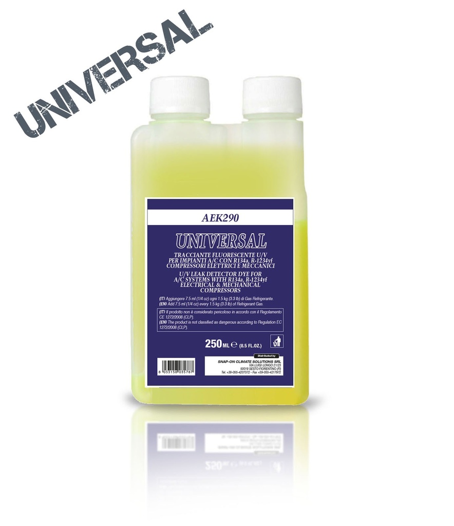 UV dažų buteliukas, 250 ml, R134a ir R1234yf (DECKAEK290, ECOTECHNICS)