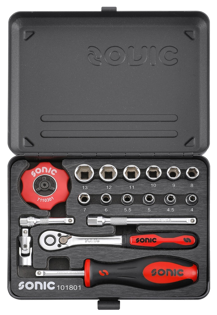 Muciņu komplekts 1/4 collas, metāla kastē, 18 daļas (101801, SONIC)