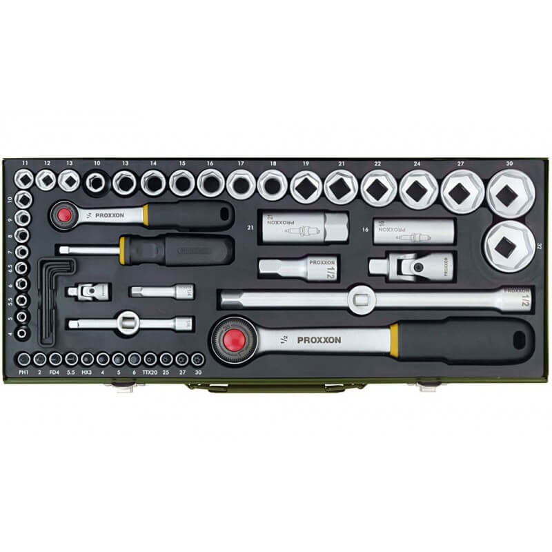1/4 + 1/2 Ligzdu komplekts ar sprūdratiem, 56 daļas (23040, PROXXON)