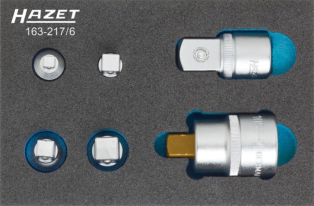 Adapterių komplektas vežimėliams, 6 dalys (1/4"–3/8"–1/2"–3/4") (163-217/6, HAZET)