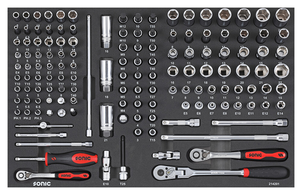 Tool set for tool trolleys – 1/4 and 3/8 in. sockets (142 pcs) (214201, SONIC)