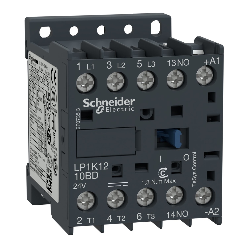 Kontaktors 5,5 kW, 3P, 12A, 24 VDC, 1 NO, TeSys (LP1K1210BD, SCHNEIDER ELECTRIC)