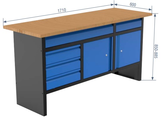 Darbastalis su 5 stalčiais ir 2 durelėmis, 1710×600×885 mm (05.088.161, SPIN)