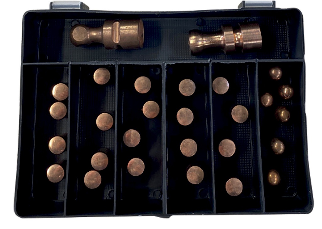 Punktmetināšanas uzgaļu kārba: 20× A tips, 6× F tips, 2 apaļi elektrodi (C6, G2) (073449, GYS)