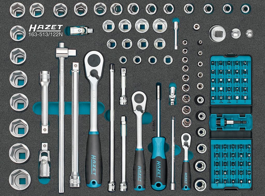 Socket set, L x W x H: 519 mm x 392 mm x 50 mm, 122-pieces (163-513/122N, HAZET)