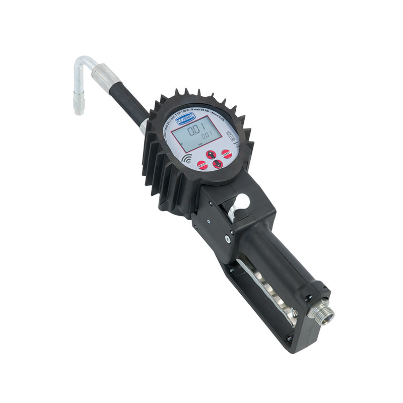 Electronic oval-gear flow meter for oil, "4TT - URANUS" series, with flexible rubber outlet and bent rigid 80° nozzle, with PRESET function, with RF CONNECT (radio-frequency) data transmission, Flexbimec (2816/RF, FLEXBIMEC)