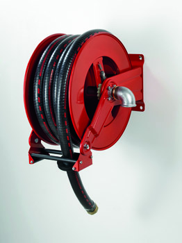 Twin spring-driven hose reel, painted steel, multi-position guide, adjustable arms series, with hose Ø 1 1/4 inch, length 8 m, for diesel (9031+289708, FLEXBIMEC)