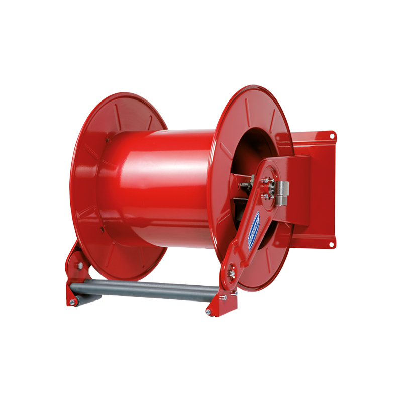Dvigubos spyruoklės žarnos ritė, dažyto plieno, su skysčiu besiliečiančios dalys iš nerūdijančiojo plieno, reguliuojamų svirčių serija, Ø 3/4 col., ilgis iki 50 m, be žarnos (9068X, FLEXBIMEC)
