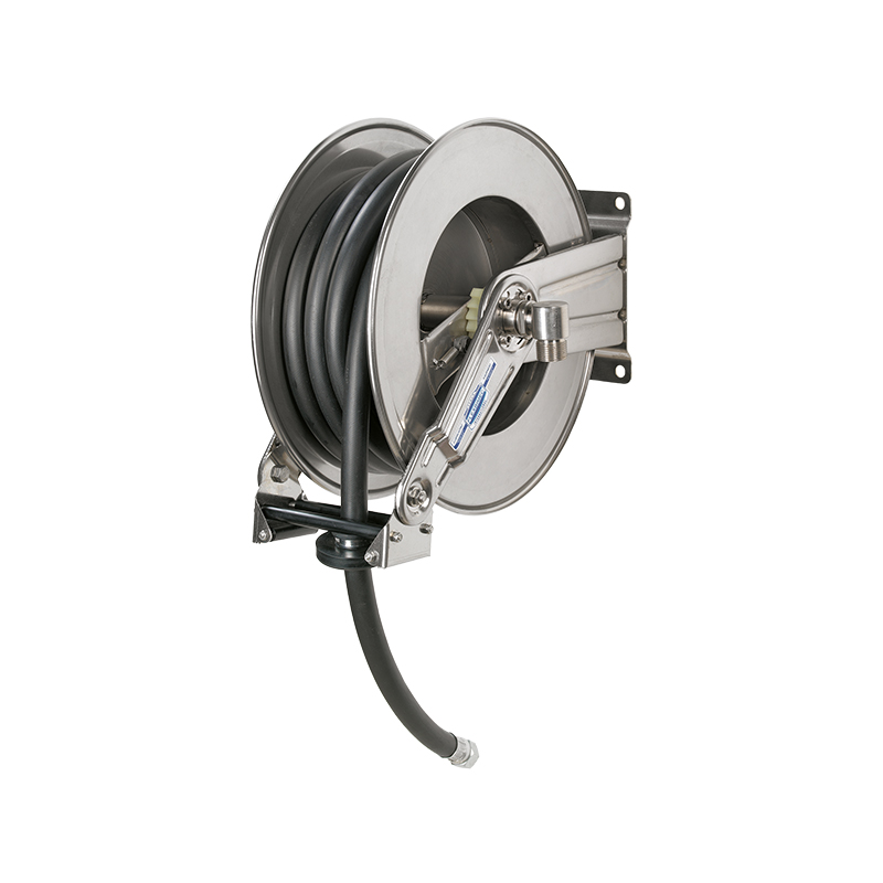 Spring driven stainless steel hose reel -Adjustable arm series - Atex 2014/34/EU certified, classification level II category 2, with ø 1” hose, L. 8 m for petrol, FLEXBIMEC (9527/EX +289408)