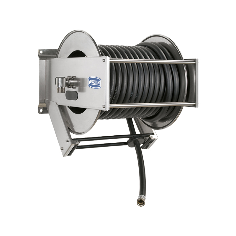 Spring driven stainless steel hose reel -Heavy duty series - Atex 2014/34/EU certified, classification level II category 2, with ø 1” hose, L. 25 m for petrol, FLEXBIMEC (9536/EX +289425)