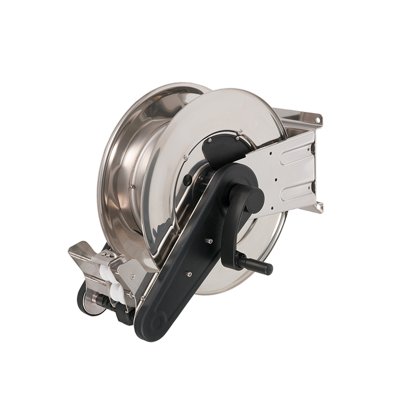 Stainless steel (AISI 304) manual hose reel ORION RD series for max 10 mt Ø1" hose - disc 434 mm - spool 195 mm - drum 250 mm - with hose guide (w/o hose), FLEXBIMEC (OX42191)