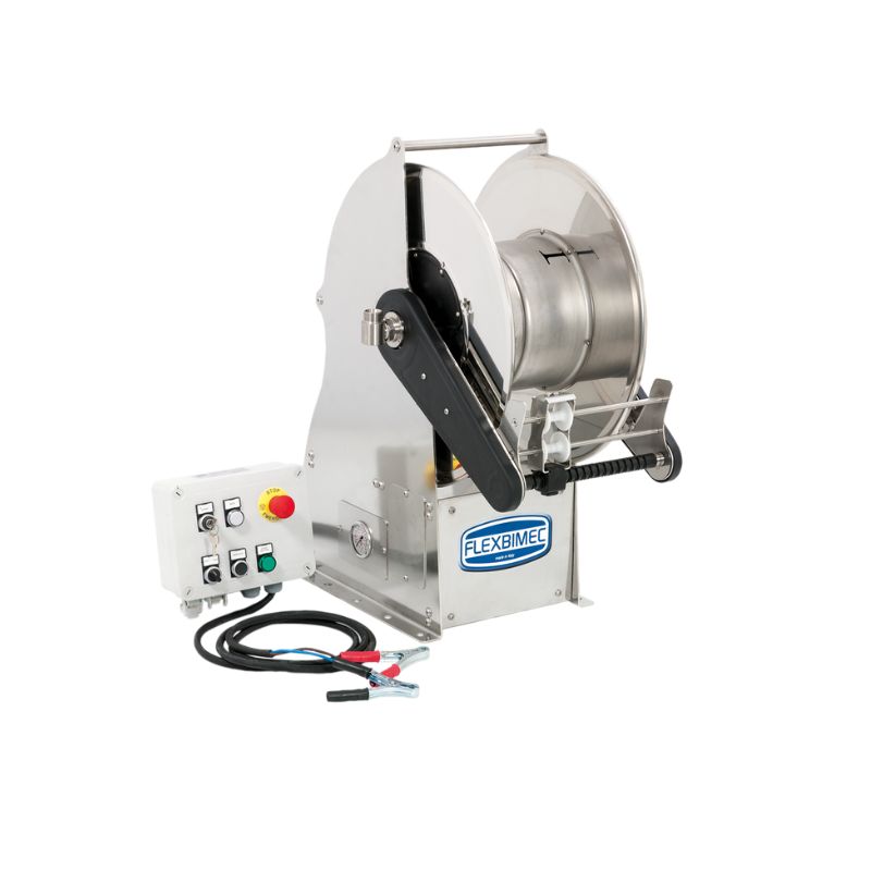 Stainless steel (AISI 304) electro-hydraulic 230 VAC motor-driven hose reel GEMINI series for max 90 mt Ø1/2" hoses - disc 540 mm - spool 260 mm - drum 250 mm - with control panel - with hose guide (w/o hose - w/o remote control), FLEXBIMEC (GX2352260)