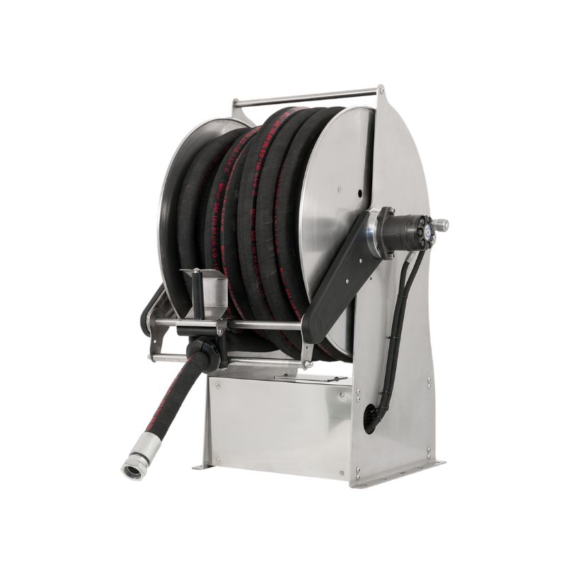Painted steel electro-hydraulic 12 VDC motor-driven hose reel TITANO series for max 40 mt Ø1" hoses - disc 540 mm - spool 400 mm - drum 250 mm - with control panel - with manual hose guide (w/o hose - w/o remote control), FLEXBIMEC (TF1252401)