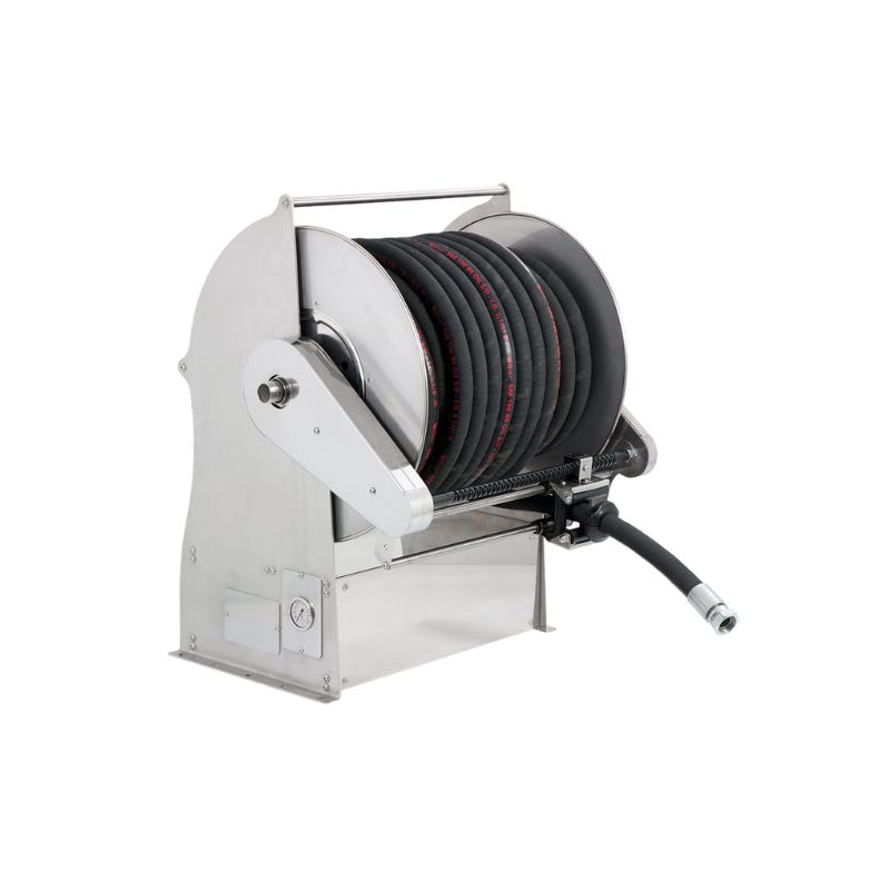 Krāsota tērauda elektrohidrauliskā 230 VAC motorizēta šļūtenes uztīšanas spole TITANO sērija maks. 20 m Ø1 1/4" šļūtenēm - disks 540 mm - spoles platums 400 mm - cilindrs 335 mm - ar vadības paneli - ar manuālu šļūtenes vadotni (bez šļūtenes - bez tālvadības pults), FLEXBIMEC (TF2353402)