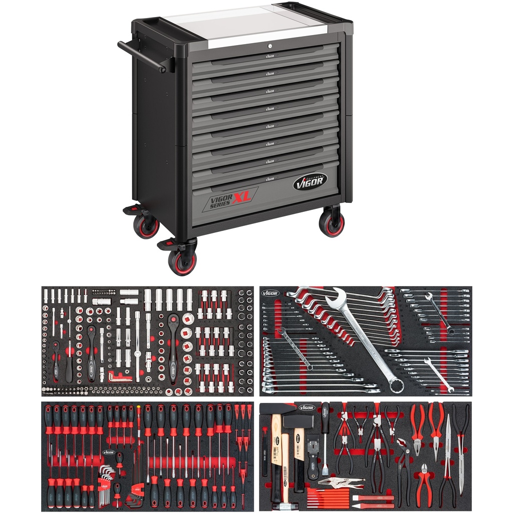 Įrankių vežimėlis XL serija, nerūdijančio plieno stalviršis, su įrankių komplektu, 375 vnt. (V4481-X/375, VIGOR)