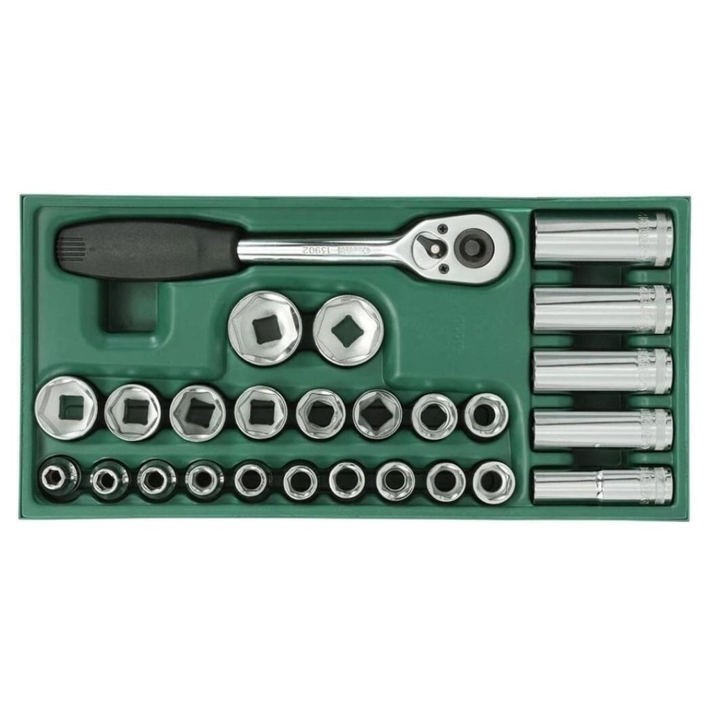 ⬡ Padėklas. Galvučių rinkinys 1/2" 26 vnt. (S09915, SATA)