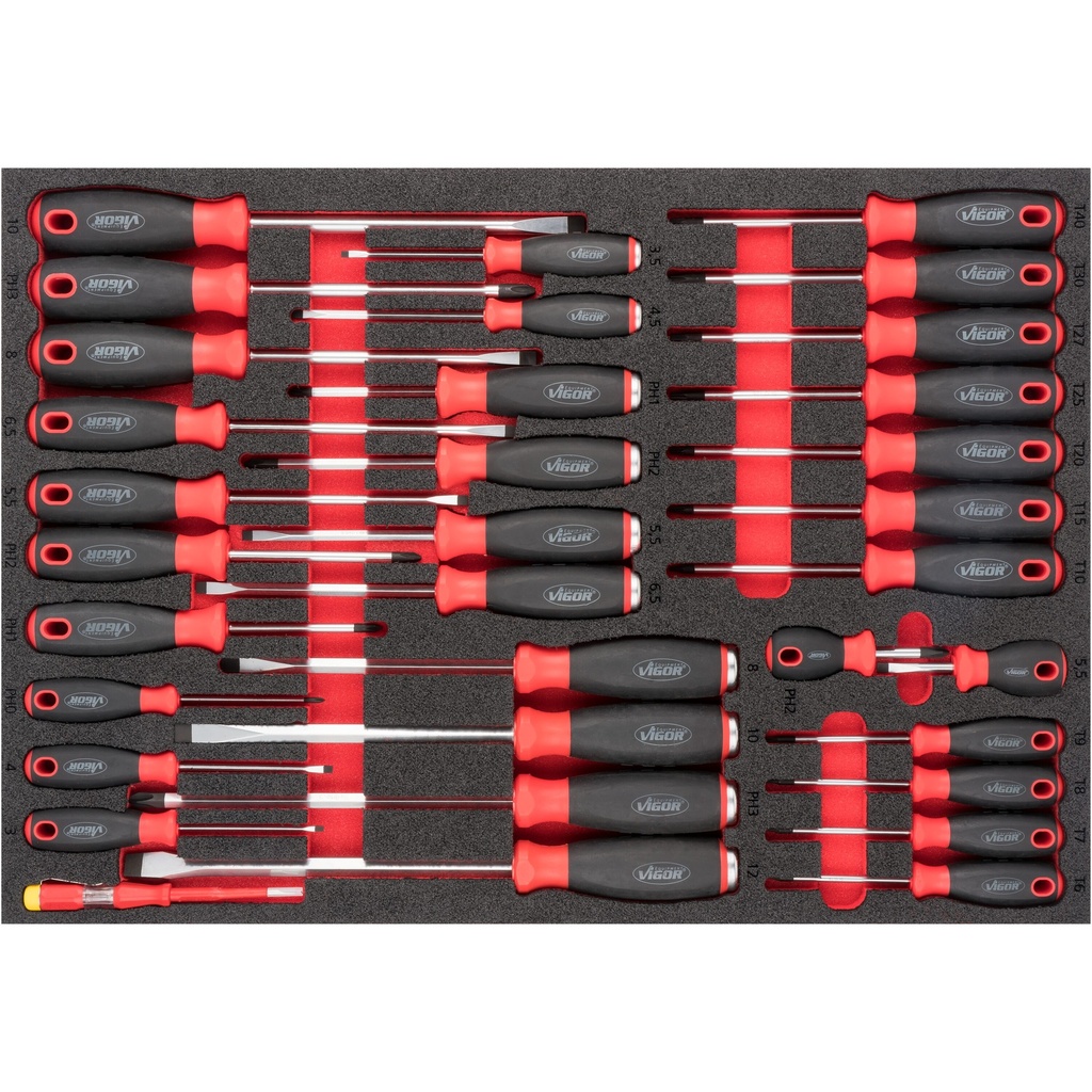 Screwdriver set in foam insert, 34 pieces (V6813, VIGOR)