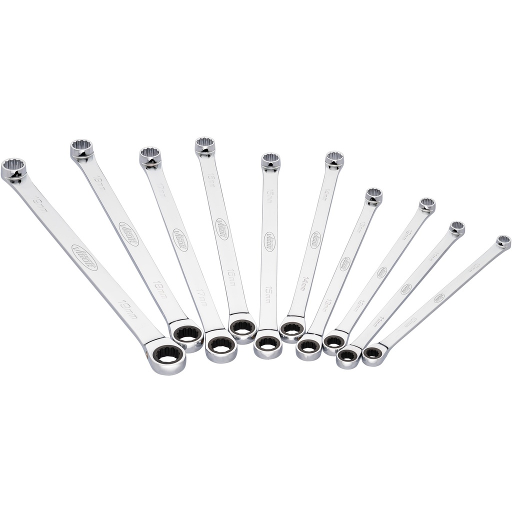 Ratcheting box-end wrench set, extra long, 10 pcs, 10–19 mm (V7031, VIGOR)