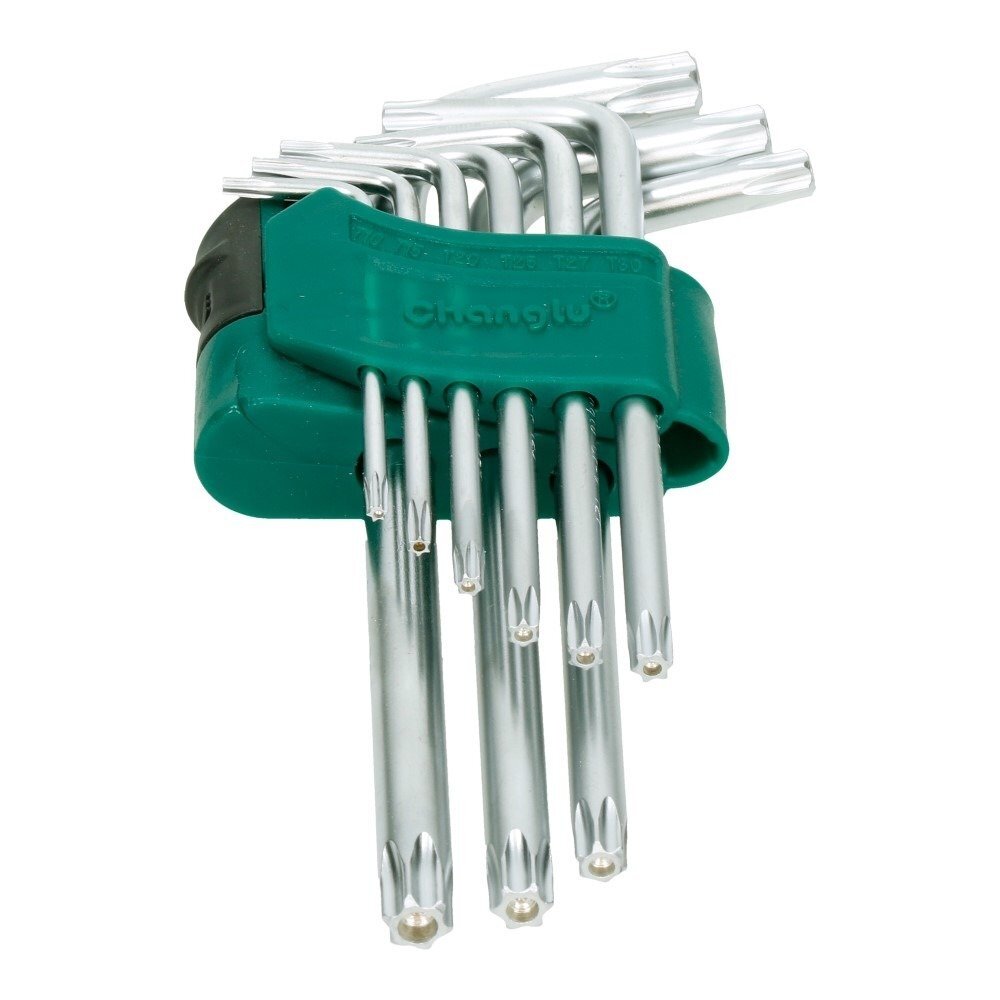 ⬡ L formos šešiabriaunis raktas TORX trumpas rinkinys 9 vnt. (T10-T50) su skyle (CL402001, CHANGLU TOOLS)