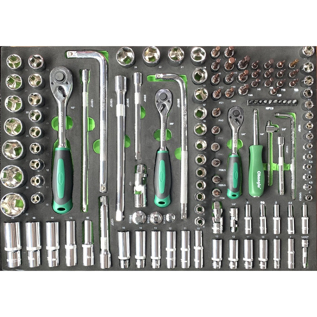 ⬡ 1/4" + 3/8" + 1/2" Dr. Socket set 127pcs. Tray (CL106201, CHANGLU TOOLS)