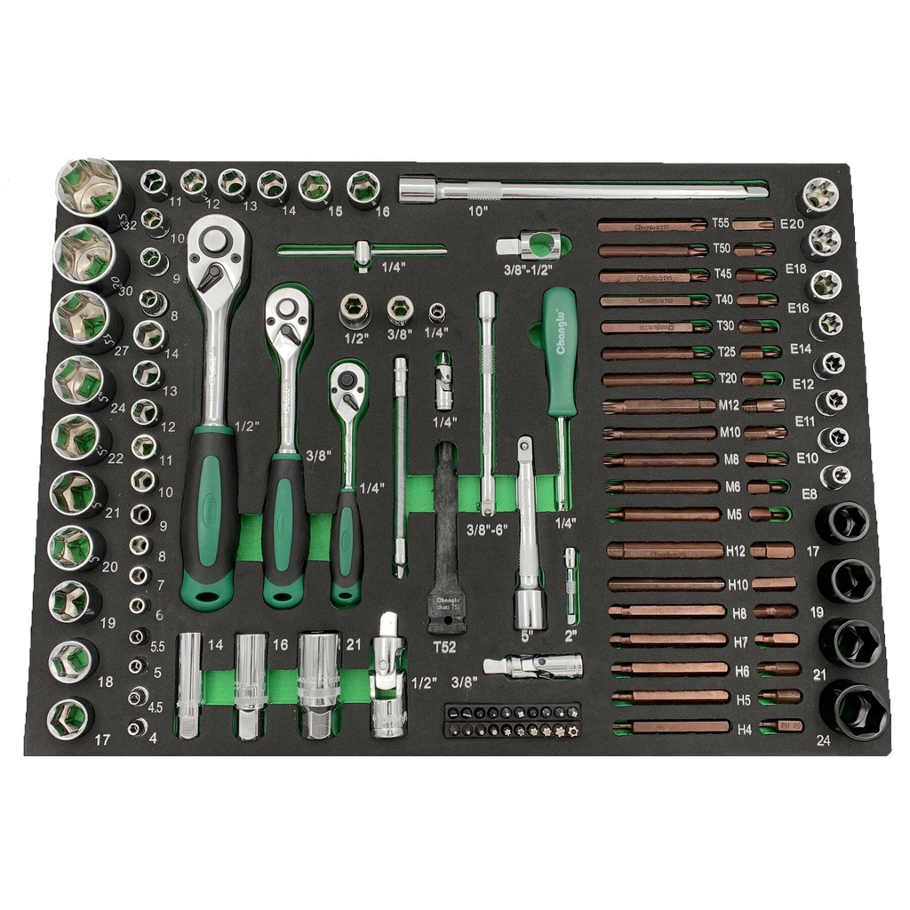 ⬡ 1/4" + 3/8" + 1/2" Dr. Socket set 122pcs. Tray (CL106302, CHANGLU TOOLS)
