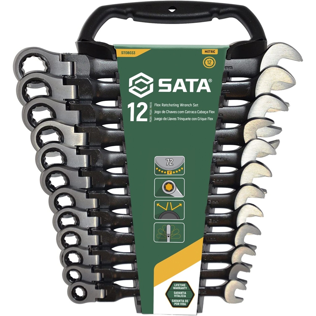 ⬡ Terkšlinių raktų su lankstoma galva rinkinys 12 vnt. (8-19 mm) (ST08033, SATA)