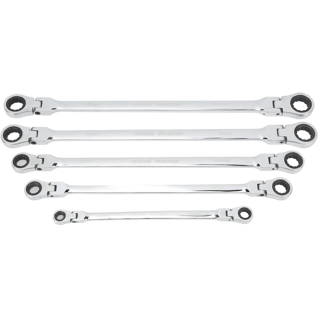 ⬡ Terkšlinių raktų su lankstoma galva rinkinys, ypač ilgi, 5 vnt. (8-19 mm) (MHR10673)