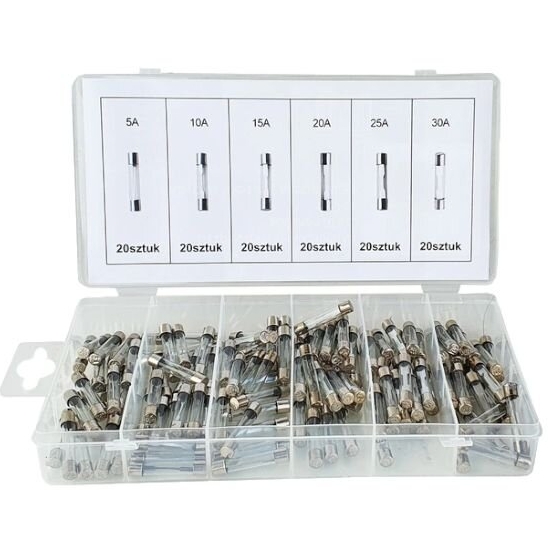 ⬡ Stiklinių saugiklių rinkinys, 120 vnt., 5-30 A (KD1302)
