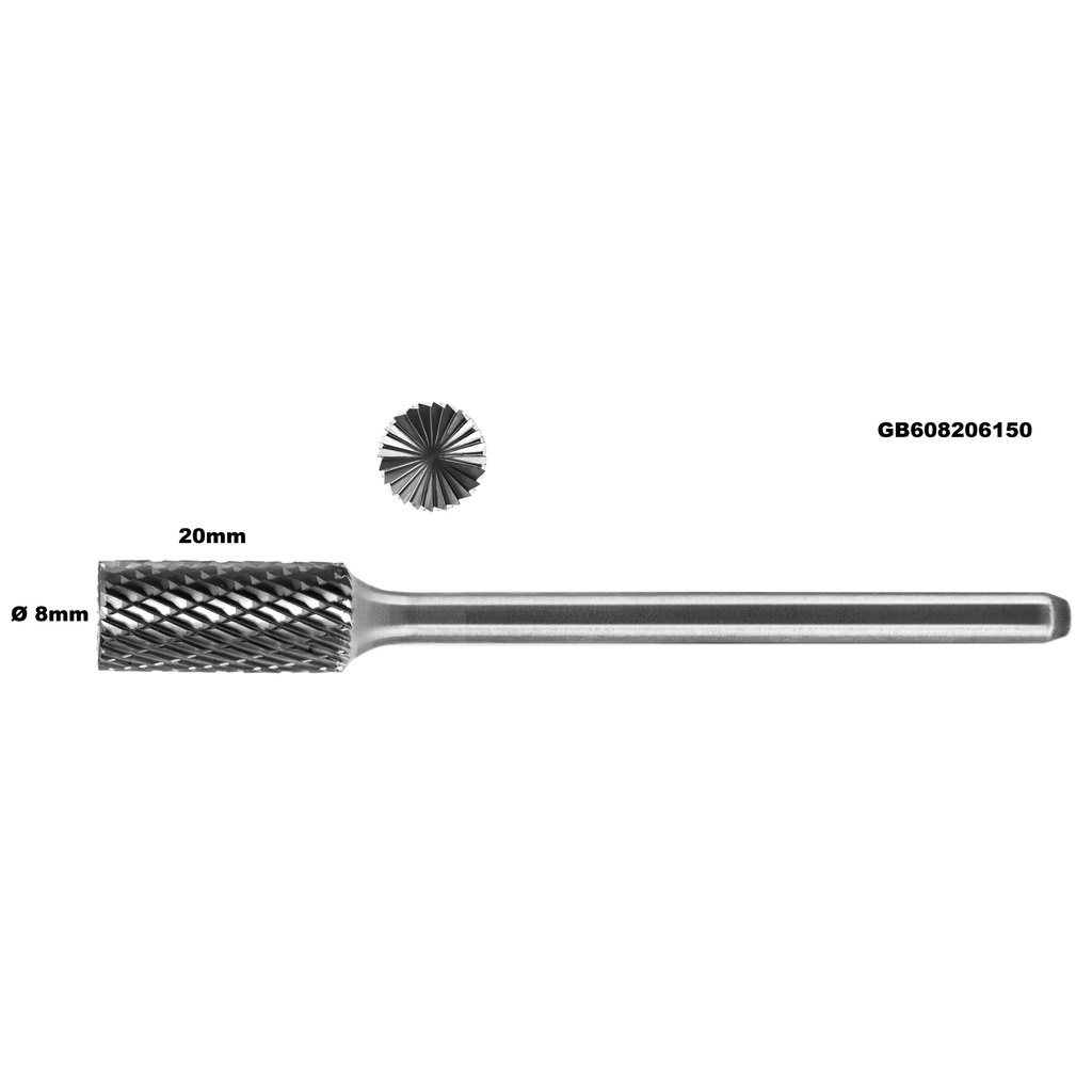⬡ Long carbide rotary burr shape B cylinder (ZYAS) with end cut Ø 8mm (GB608206150)