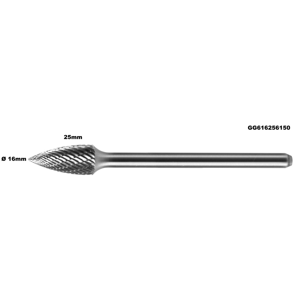 ⬡ Prailginta freza kietmetalio G kūgio formos pusapvalė Ø 16 x 25mm (GG616256150)